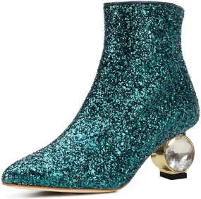 XYD Women Crystal Low Heel Ankle Boots Pointed Toe Shoes Side Zipper Prom Party Dress Fashion Short Booties