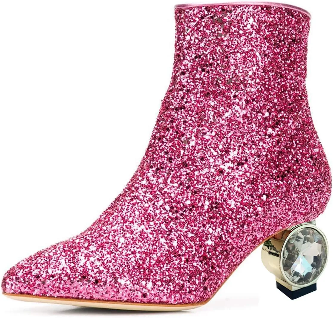 XYD Women Crystal Low Heel Ankle Boots Pointed Toe Shoes Side Zipper Prom Party Dress Fashion Short Booties
