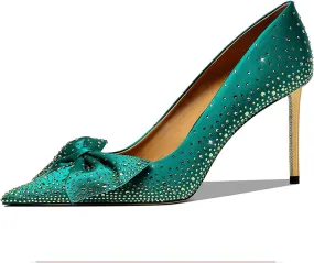 XYD Women Sparkle Pointed Toe Bows Rhinestones Bride Pumps Metallic Golden High Heels Banquet Party Stiletto Shoes