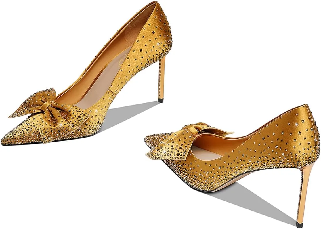 XYD Women Sparkle Pointed Toe Bows Rhinestones Bride Pumps Metallic Golden High Heels Banquet Party Stiletto Shoes