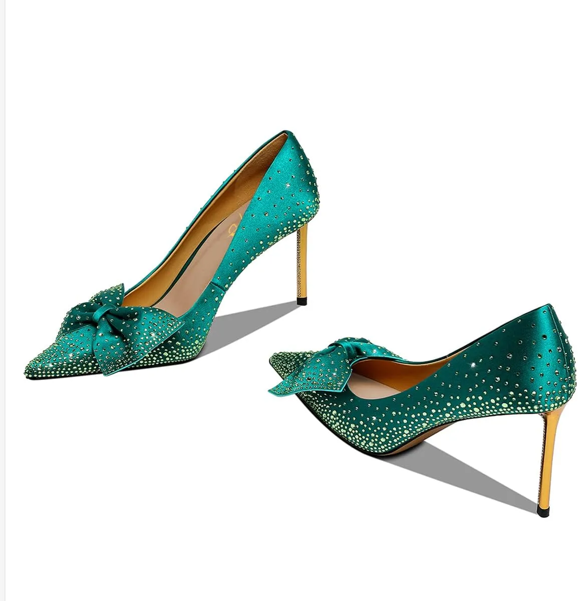 XYD Women Sparkle Pointed Toe Bows Rhinestones Bride Pumps Metallic Golden High Heels Banquet Party Stiletto Shoes