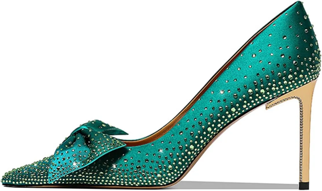 XYD Women Sparkle Pointed Toe Bows Rhinestones Bride Pumps Metallic Golden High Heels Banquet Party Stiletto Shoes