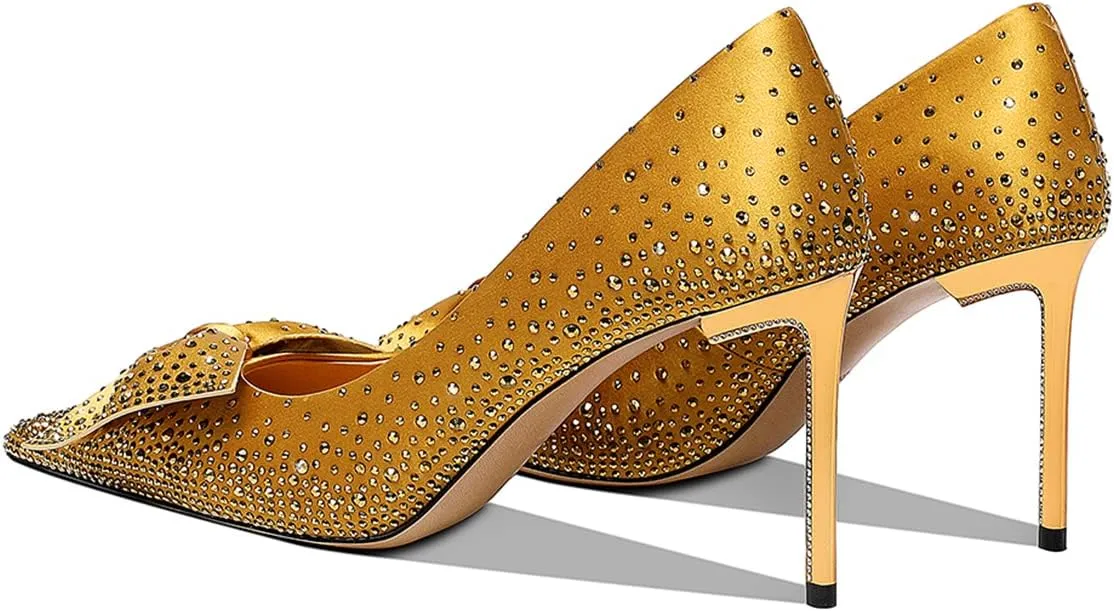 XYD Women Sparkle Pointed Toe Bows Rhinestones Bride Pumps Metallic Golden High Heels Banquet Party Stiletto Shoes