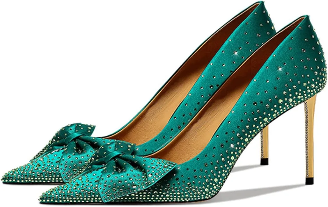 XYD Women Sparkle Pointed Toe Bows Rhinestones Bride Pumps Metallic Golden High Heels Banquet Party Stiletto Shoes