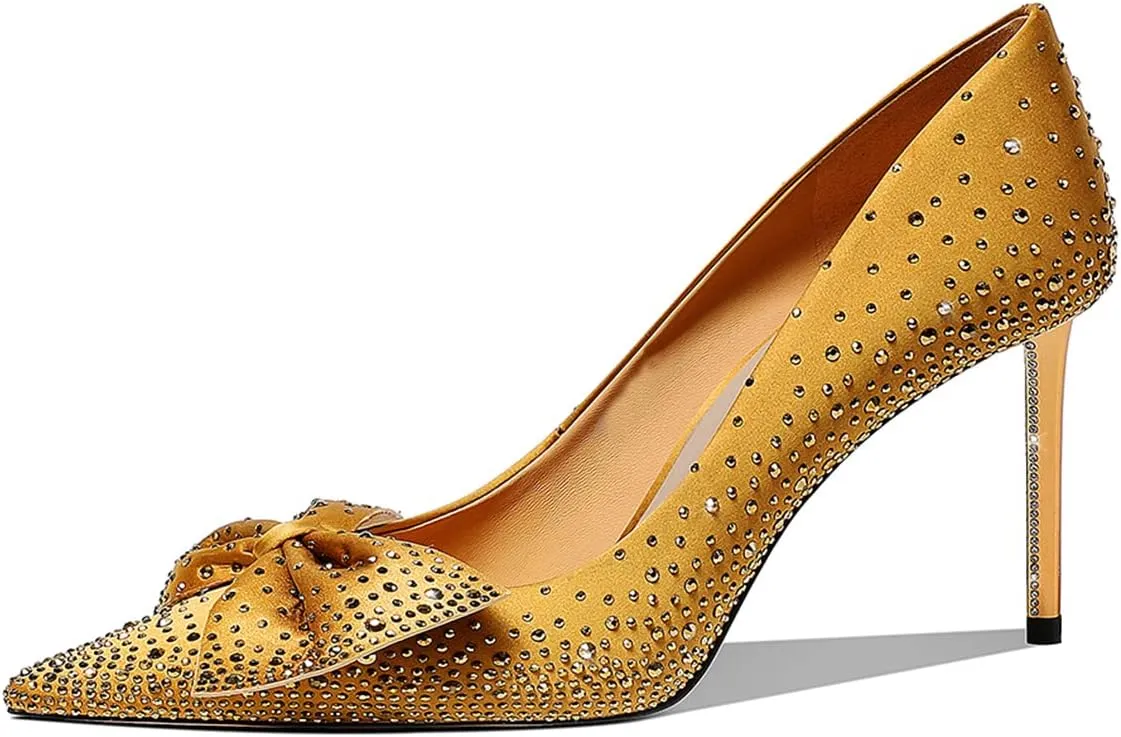 XYD Women Sparkle Pointed Toe Bows Rhinestones Bride Pumps Metallic Golden High Heels Banquet Party Stiletto Shoes