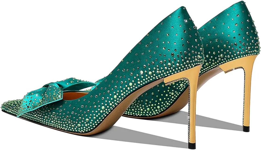 XYD Women Sparkle Pointed Toe Bows Rhinestones Bride Pumps Metallic Golden High Heels Banquet Party Stiletto Shoes