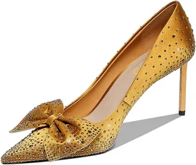 XYD Women Sparkle Pointed Toe Bows Rhinestones Bride Pumps Metallic Golden High Heels Banquet Party Stiletto Shoes