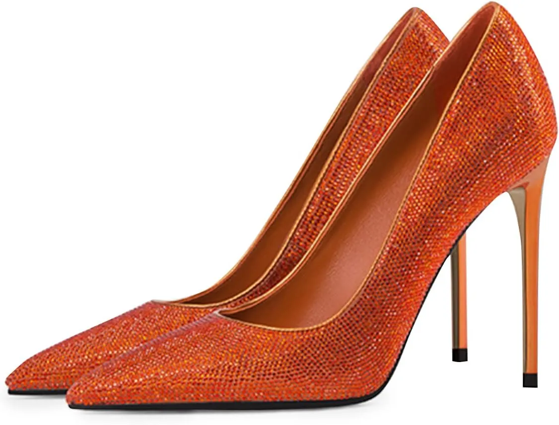 XYD Women Vintage Pointed Toe Stiletto Heels Pumps Rhinestone Studded Slip On Sparkly Nightclub Prom Sexy Dress Party Shoes
